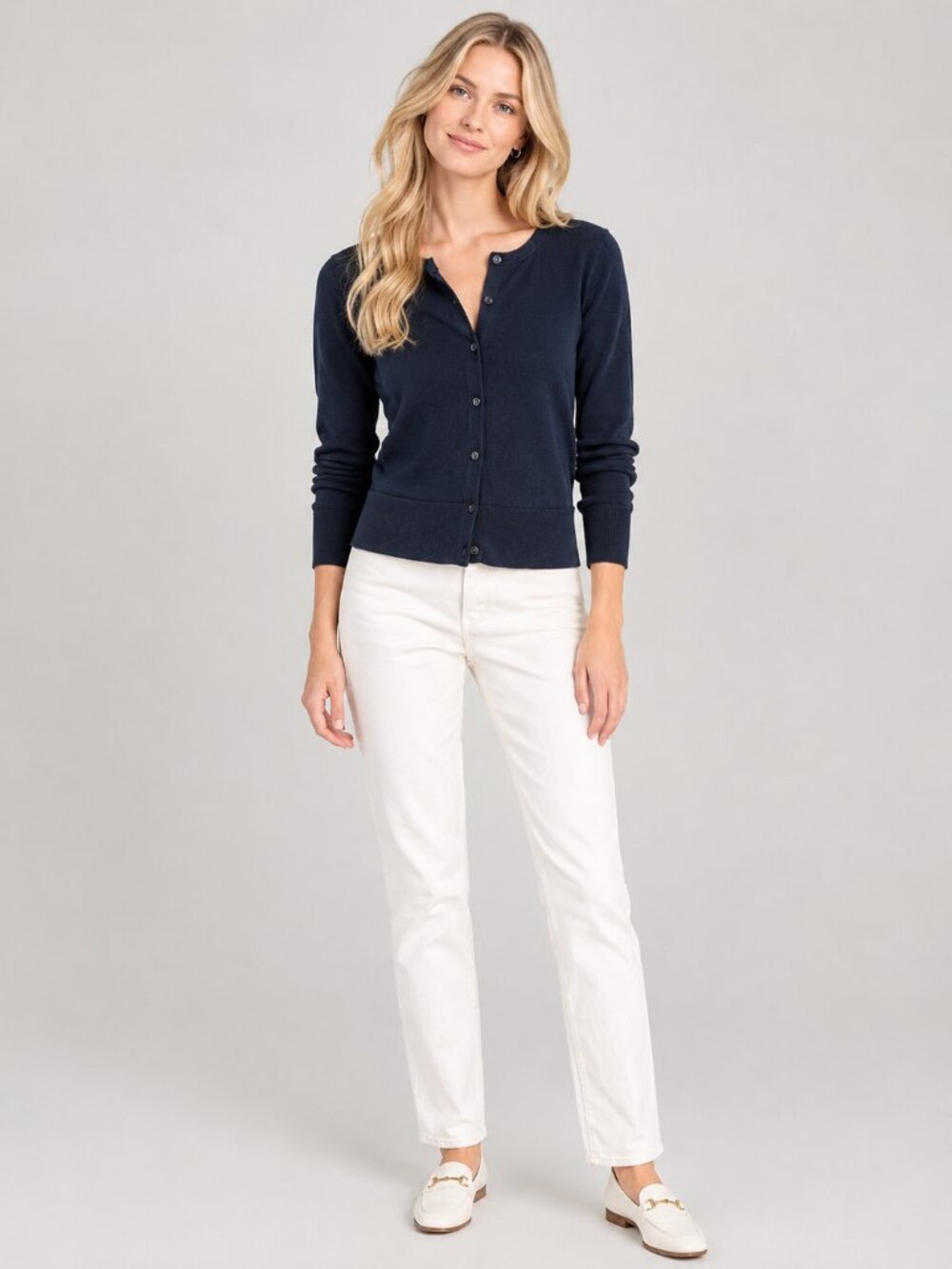 2/$30 Lands' End Supima Cotton Crew Neck Cardigan Navy Medium #A5015